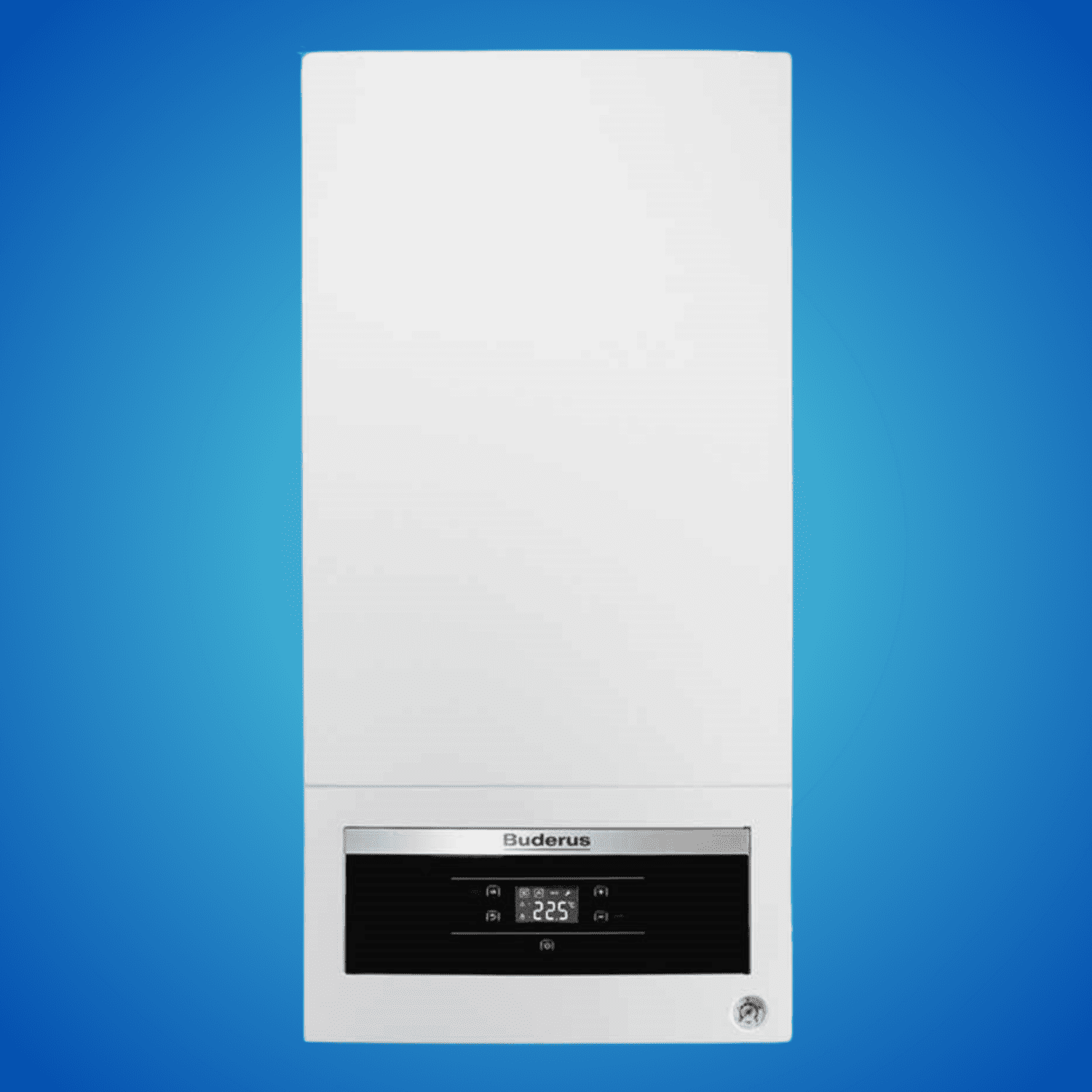Mavi bir zemin üzerinde konumlandırılmış Buderus Logamax Plus GB062 model yoğuşmalı kombinin cepheden görünümü. Beyaz dış kasa, 22.5 derece gösteren siyah dijital ekranlı kontrol paneli ve manometre detayı.