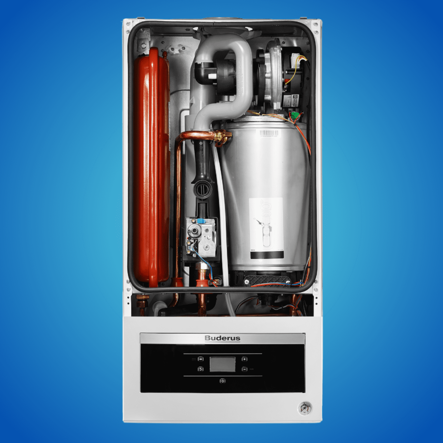 Buderus Logamax Plus GB062 tam yoğuşmalı kombinin iç kısmını, Al-Si alaşımlı ana eşanjörünü, kırmızı genleşme tankını, fanını ve hidrolik grubunu gösteren detaylı teknik fotoğraf