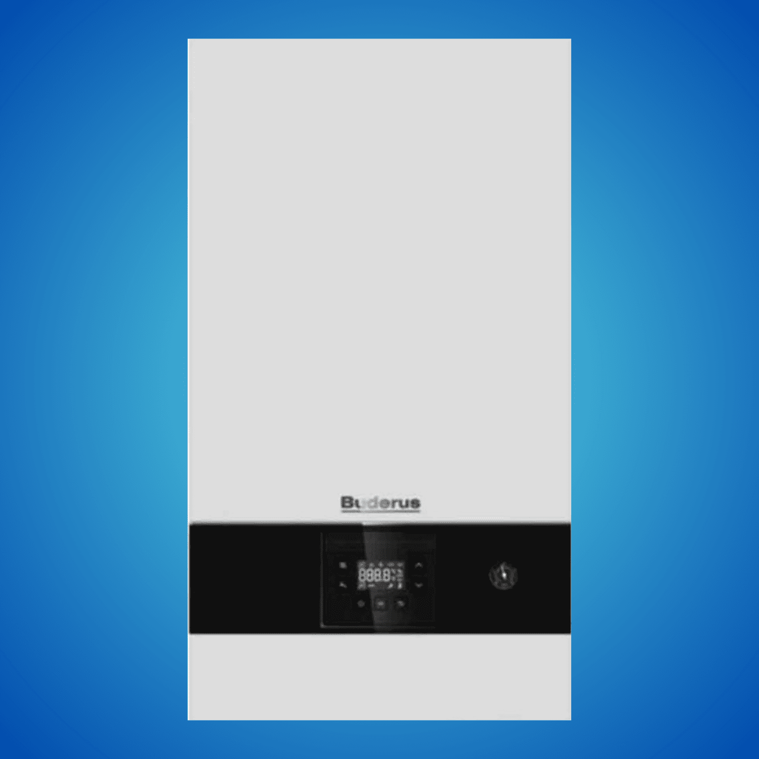 Mavi arka plan üzerinde beyaz renkli Buderus Logamax plus GB122i.2 tam yoğuşmalı kombi. Alt kısımda siyah şerit içine entegre edilmiş dijital LCD ekran ve sağ tarafta basınç göstergesi (manometre).