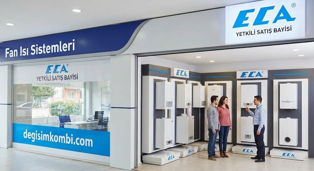 ECA satış bayileri arasında yetkili hizmet veren Fan Isı Sistemleri showroom mağazası ve kombi modellerini inceleyen müşterile
